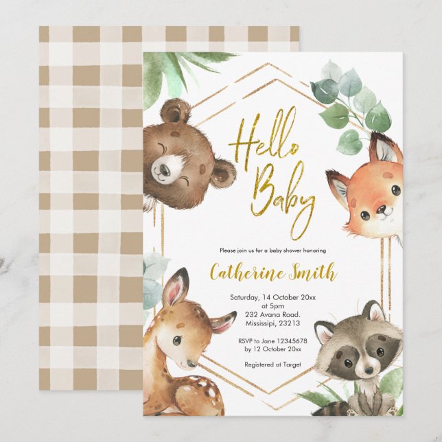 Hallo Baby Woodland Kinderdusche Einladung (Vorne/Hinten)