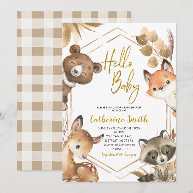 Hallo Baby Woodland Kinderdusche Einladung (Vorne/Hinten)