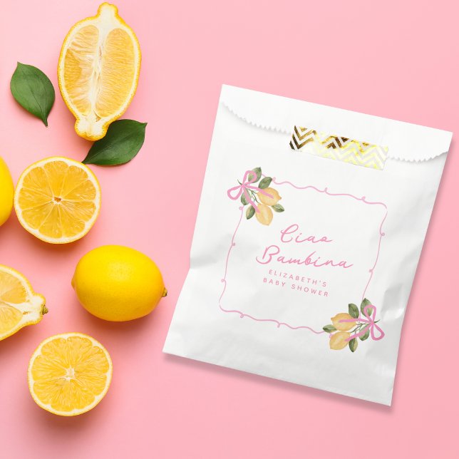 Hallo Bambina Pink Ribbon Babyparty Geschenktütchen (Ciao Bambina Pink Ribbon Baby Shower Favor Bag. Shop the full "Ciao Bambina" collection.)
