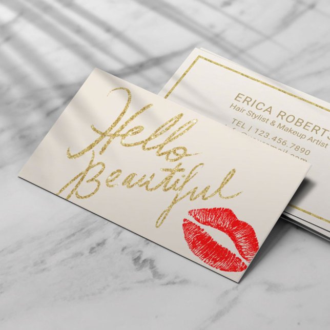 Hallo Beautiful Gold Typografy Red Lips Print Visitenkarte (Von Creator hochgeladen)