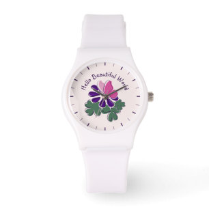 Hallo Beautiful World Pink Butterfly Lila Blume Armbanduhr