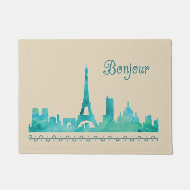 Hallo Bonjour Paris Frankreich Wasserfarbe Silhoue Fußmatte (Vorderseite)