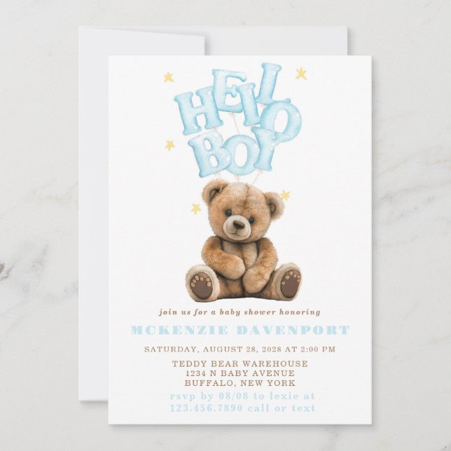 Hallo Boy Balloon Teddy Bear Boy Baby Dusche Einladung (Vorderseite)