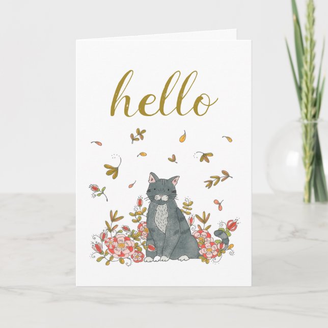 Hallo Cat und Blume Illustriertes Denken Sie an Si Karte (Vorderseite)