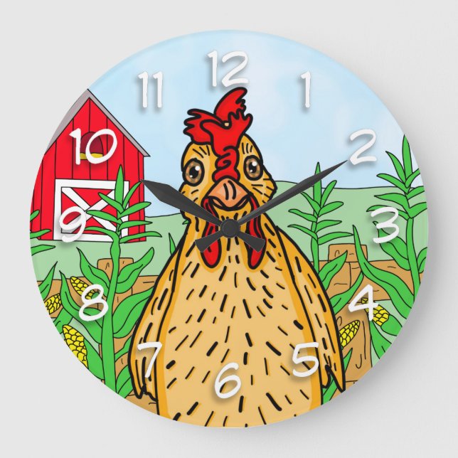 Hallo Chicken | ZEICHNEND NIEDLICHER CARTOON Große Wanduhr (Vorderseite)