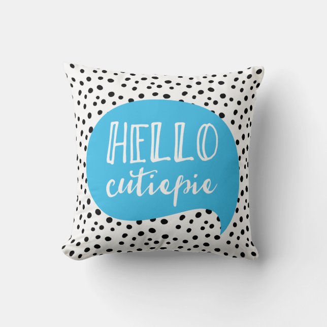 Hallo Cutiepie blau schwarzer Polka Punkt Spotty K Kissen (Vorderseite)