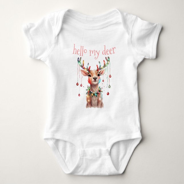Hallo Deer Whimsy Reindeer und Weihnachtslicht Baby Strampler (Vorderseite)