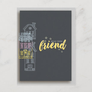 Hallo dort Freund über die Meilen gelber Text Postkarte