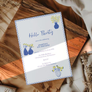Hallo Dreißig Elegante Blaue Blumen 30. Geburtstag Einladung