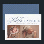 Hallo elegante Drehbuch zwei Foto navvy Blue Junge Ankündigung<br><div class="desc">Diese zwei Fotos Geburtsankündigung beinhaltet neben einem Namen oder Spitznamen ein elegantes marinebasisches Schrift "hello". Es gibt auch Platz für den vollständigen Namen des Kindes und andere Details, sowie ein Quadrat und ein horizontales Foto. Die klassisch blaue Farbe ist ideal, um einen süßen Baby Jungen anzukündigen, und der Backer ist...</div>