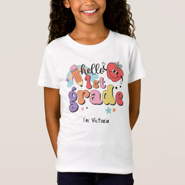 Hallo Erste Klasse farbenfrohe Grundschule Weiß T-Shirt (Vorderseite)