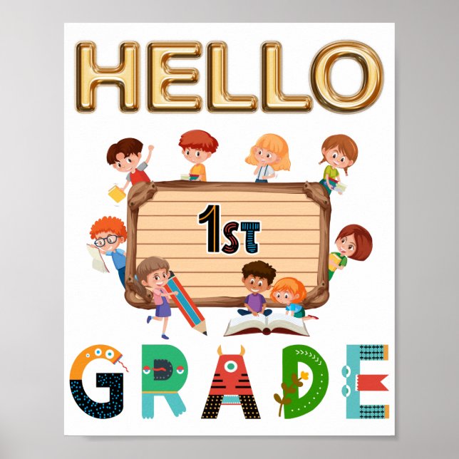 Hallo erste Stufe zurück zur Schule 1. Klasse Poster (Vorne)