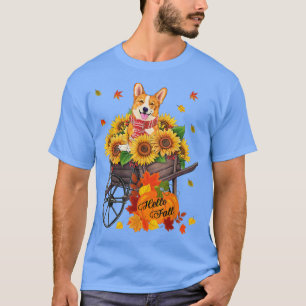 Hallo Fall Corgi Hund in Sonnenblumen Blätter Herb T-Shirt