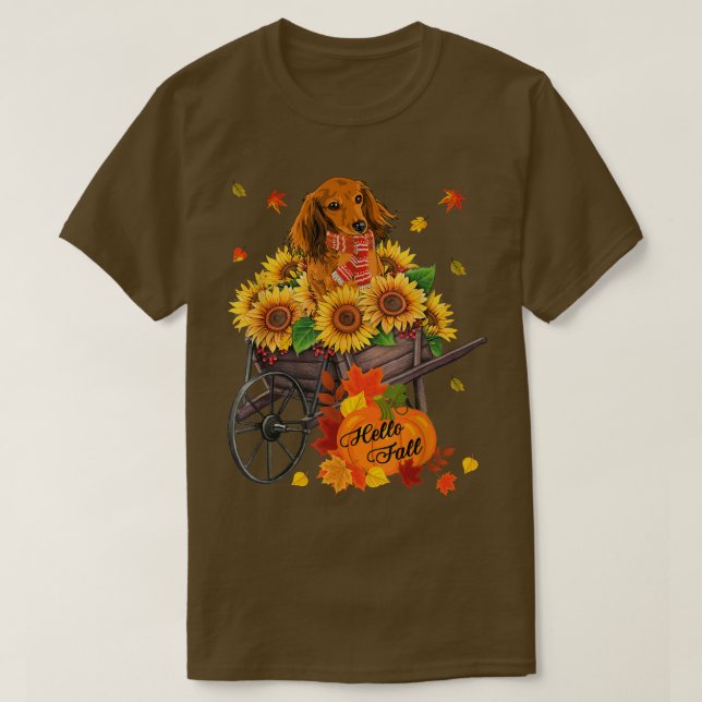 Hallo Fall Dackel Hund in Sonnenblumen Blätter Aut T-Shirt (Design vorne)