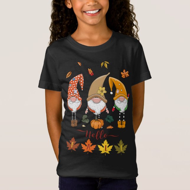 Hallo Fall Niedlich Gnomes Pumpkins Blätter Glückw T-Shirt (Vorderseite)