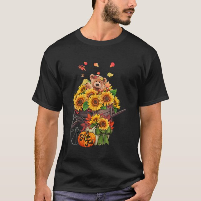 Hallo Fall Teddy Bären in Sonnenblumen Tossing Blä T-Shirt (Vorderseite)