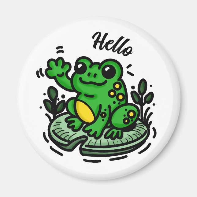 Hallo  | Frosch auf Lily Pad Hand Drawing Magnet (Vorne)