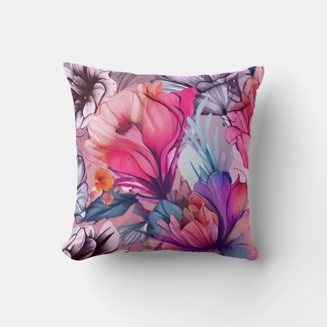 Hallo Frühling Glück Zeit Pink Floral Wasserfarbe Kissen (Vorderseite)