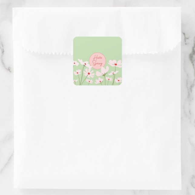 Hallo Frühling hellrosa Kosmos Blume Quadratischer Aufkleber (Tasche)