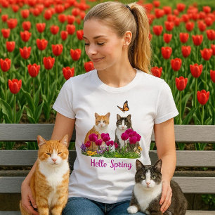 Hallo Frühling Katzen im Tulpenblumengarten T-Shirt
