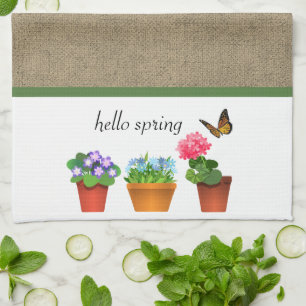 Hallo Frühling Khaki Farbe Jute und Blumentöpfe Geschirrtuch