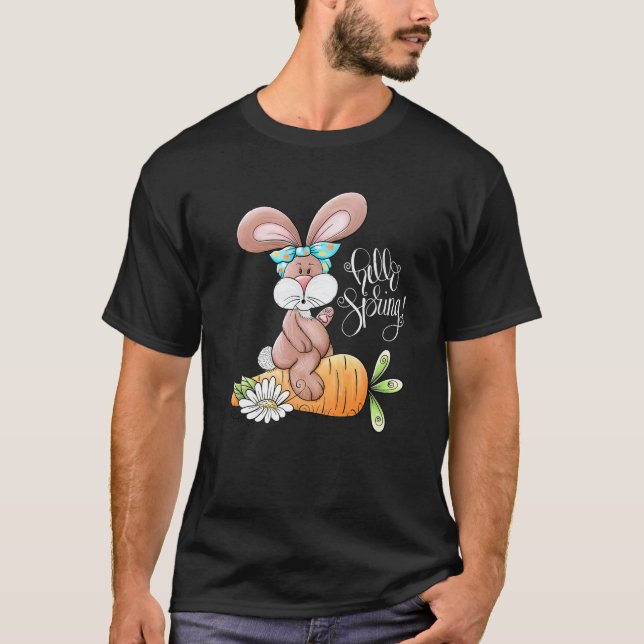 Hallo Frühling Oster Bunny Rabbit Messy Bun Carrot T-Shirt (Vorderseite)