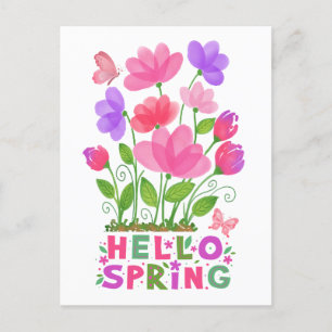 Hallo Frühling Rosa und Lila Blumen & Schmetterlin Postkarte