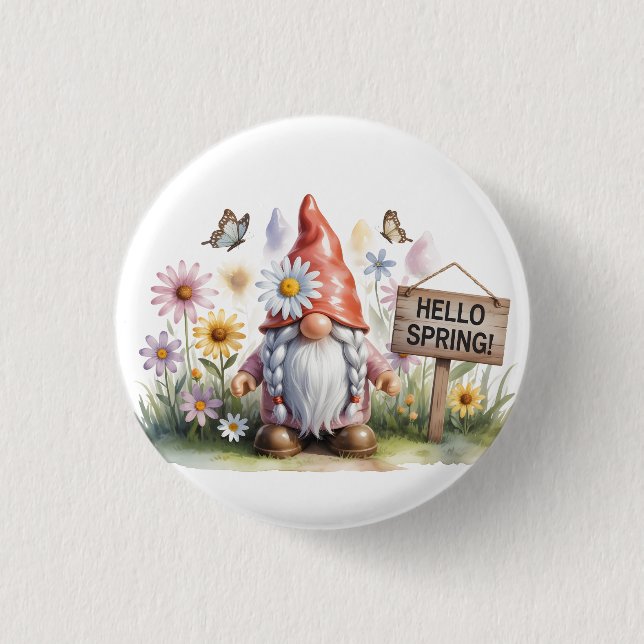Hallo Frühlingsgarten-Gnom: Süßer Gnom mit Zöpfen Button (Vorderseite)
