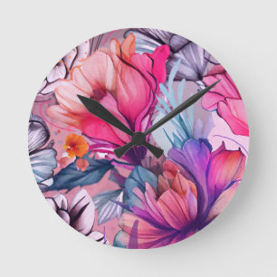 Hallo Frühlingsglückszeit, floralrosa Schmetterlin Runde Wanduhr