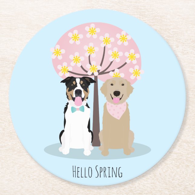 Hallo Frühlingshunde von Cherry Blossom Tree Runder Pappuntersetzer (Vorderseite)