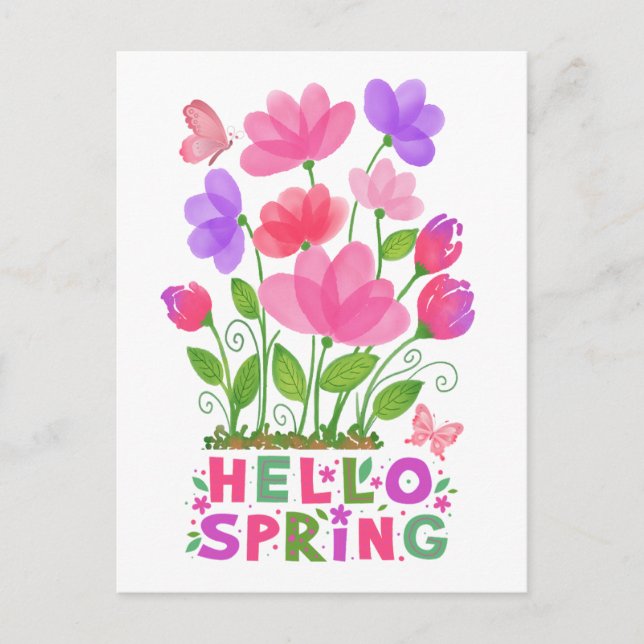 Hallo Frühlingspink und Purple Blumen & Schmetterl Postkarte (Vorderseite)