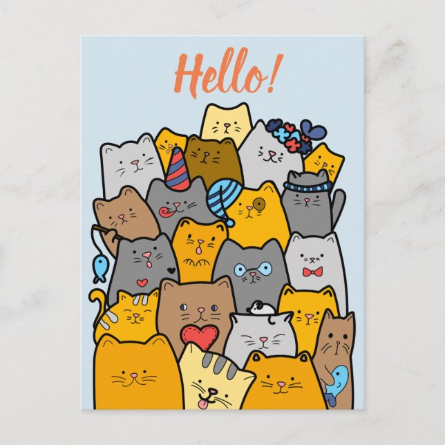 Hallo!/ Funny Cat Doodle Postkarte (Vorderseite)