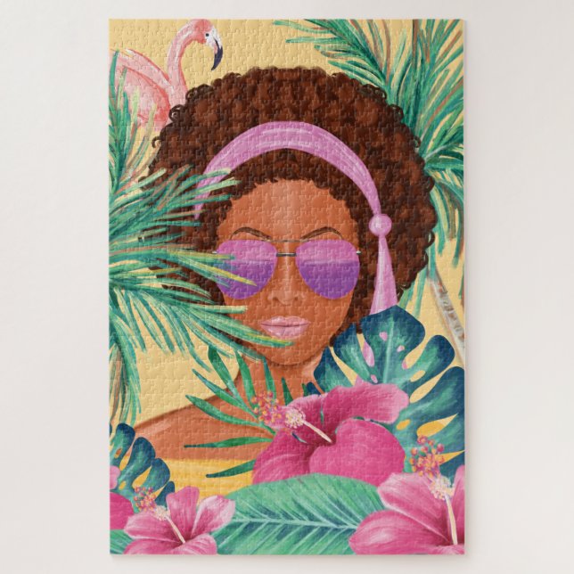 Hallo Girl Beach Beauty Tropical Palm & Flamingo (Vertikal)