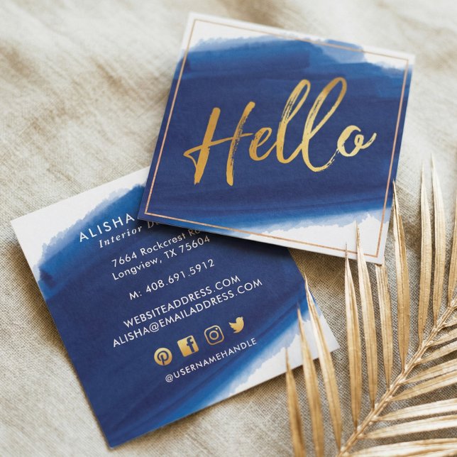 Hallo Gold Script | Navy Watercolor Brush Stroke Quadratische Visitenkarte (Hello Gold Script | Navy Watercolor Brush Stroke Square Business Card)