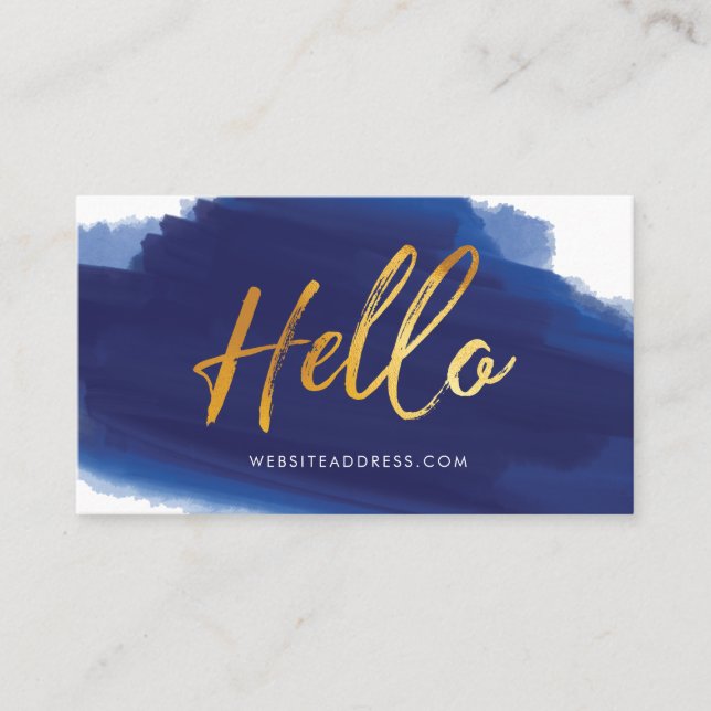 Hallo Gold Script | Navy Watercolor Brush Stroke Visitenkarte (Vorderseite)