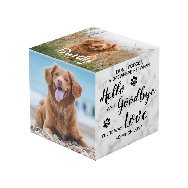 Hallo Goodbye Dog Keepake Pet Memorial Foto Cube Würfel (Vorderseite Schrägansicht)