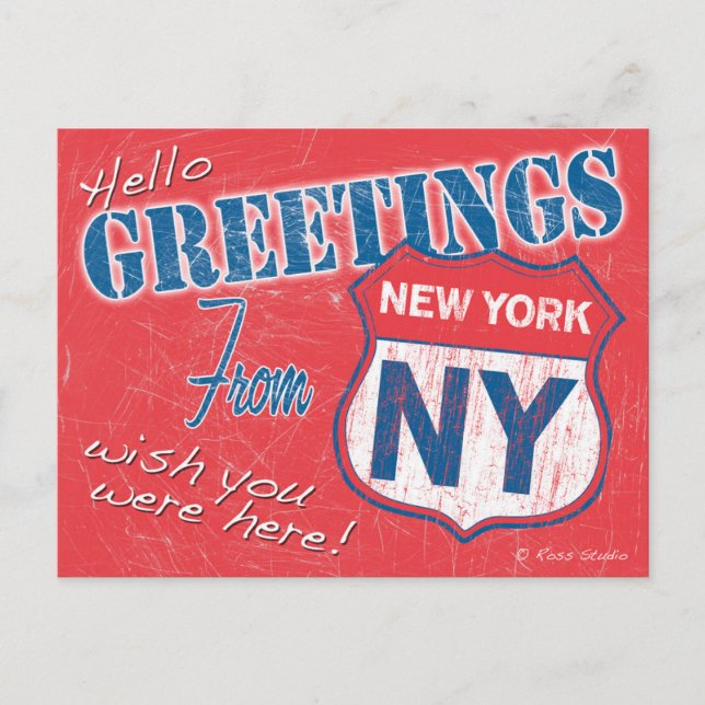 "Hallo, Grüße aus New York, NY Retro Postkarte (Vorderseite)