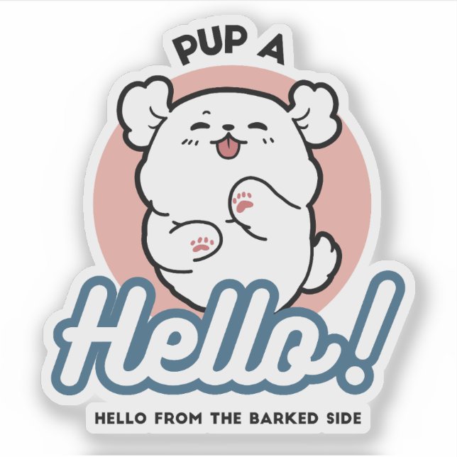 Hallo! - Happy White Dog Cartoon Design Aufkleber (Vorderseite)