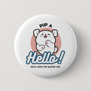 Hallo! - Happy White Dog Cartoon Design Button