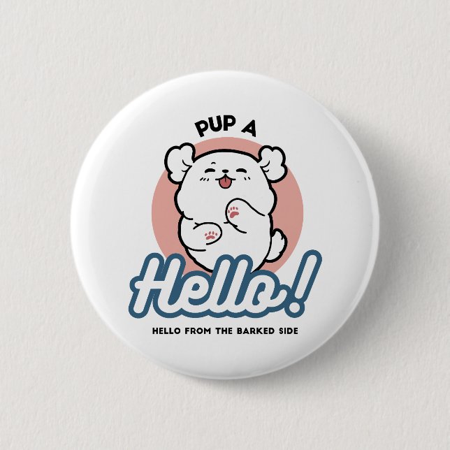 Hallo! - Happy White Dog Cartoon Design Button (Vorderseite)