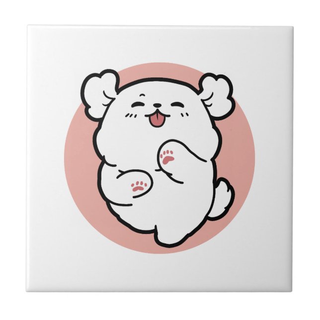 Hallo! - Happy White Dog Cartoon Design Fliese (Vorderseite)