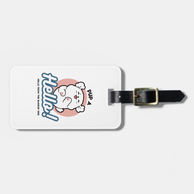 Hallo! - Happy White Dog Cartoon Design Gepäckanhänger (Vorderseite horizontal)