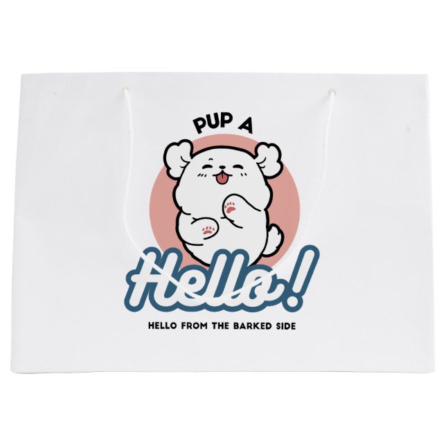 Hallo! - Happy White Dog Cartoon Design Große Geschenktüte (Vorderseite)