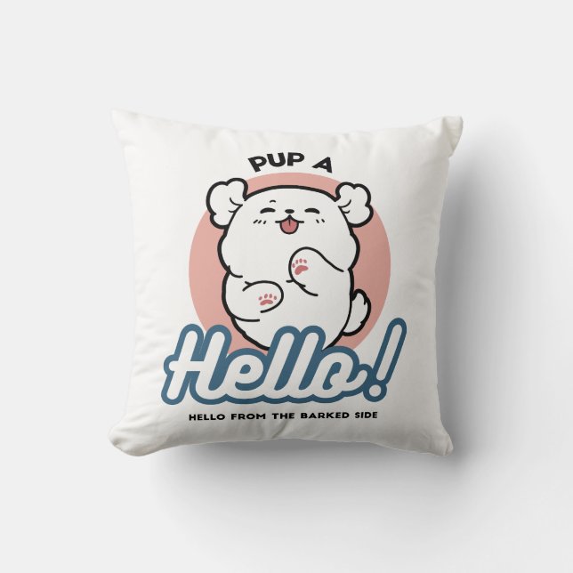 Hallo! - Happy White Dog Cartoon Design Kissen (Vorderseite)