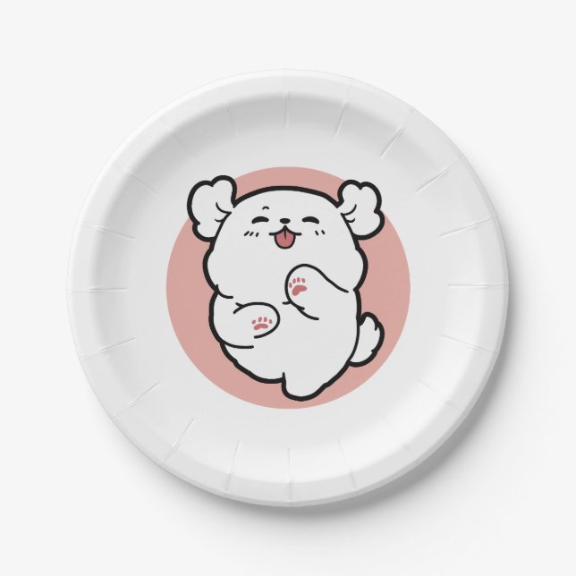 Hallo! - Happy White Dog Cartoon Design Pappteller (Vorderseite)