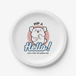 Hallo! - Happy White Dog Cartoon Design Pappteller