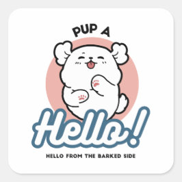 Hallo! - Happy White Dog Cartoon Design Quadratischer Aufkleber