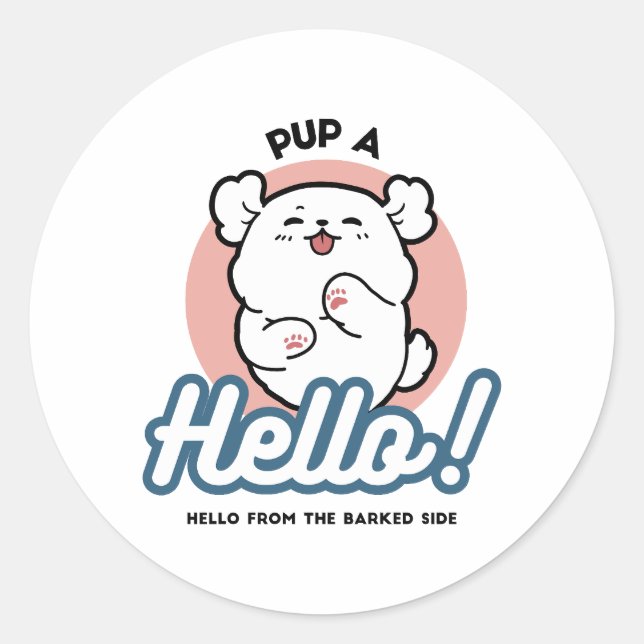 Hallo! - Happy White Dog Cartoon Design Runder Aufkleber (Vorderseite)