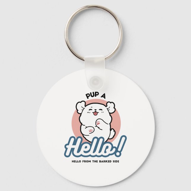 Hallo! - Happy White Dog Cartoon Design Schlüsselanhänger (Vorderseite)