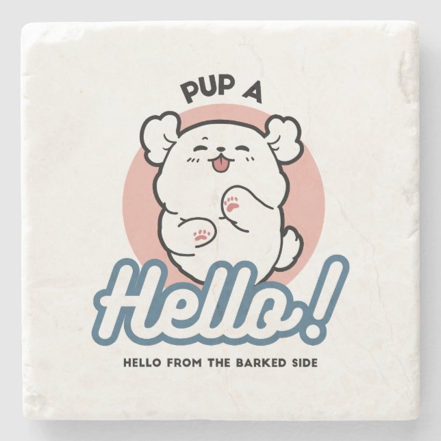 Hallo! - Happy White Dog Cartoon Design Steinuntersetzer (Vorderseite)